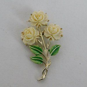 JJ Jonette Jewelry Rose Flower Cluster Pin Brooch Signed Gold Tone Faux White